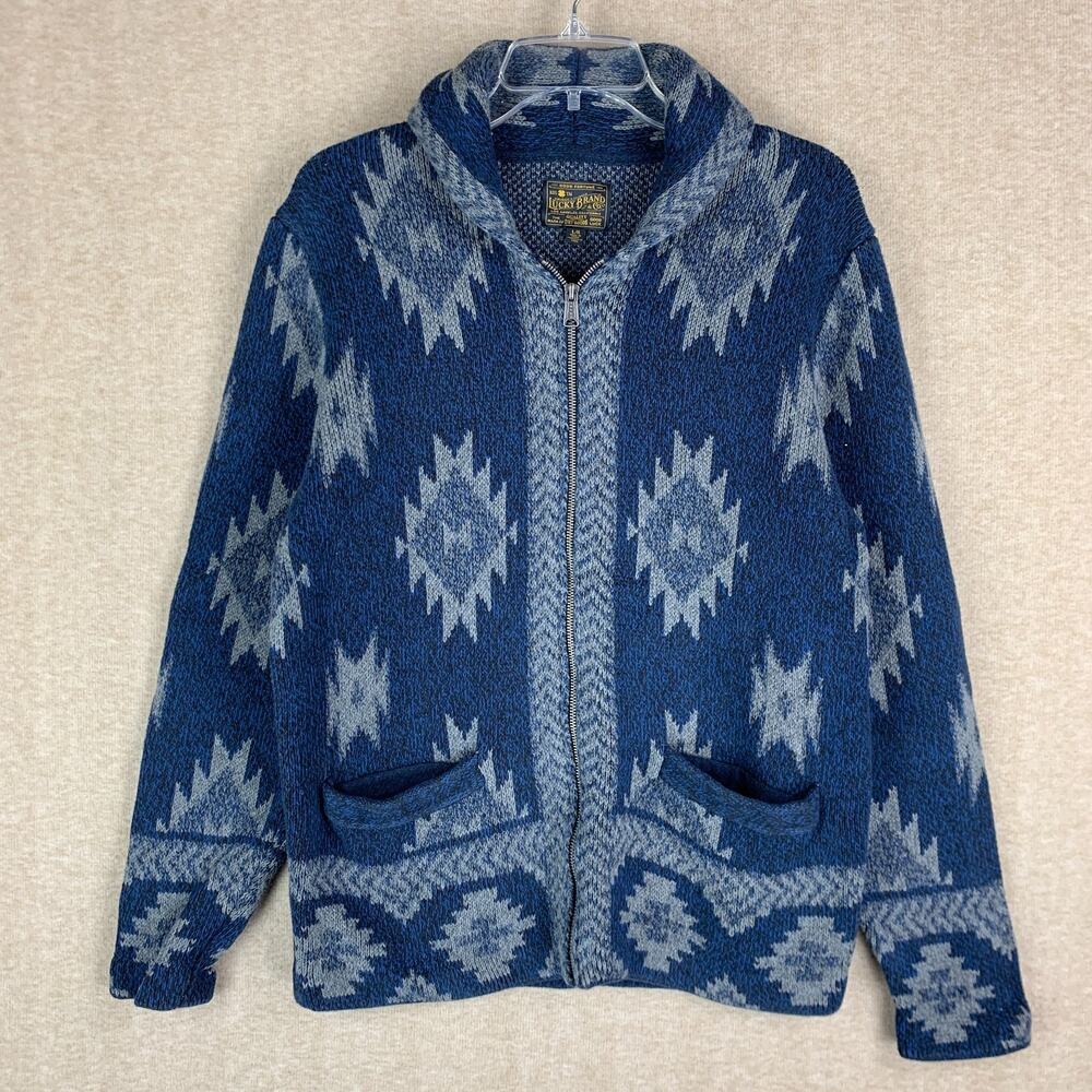 Lucky Brand Aztec Cardigan L Blue Shawl Zip South Western Sweater Heavy Knit EUC